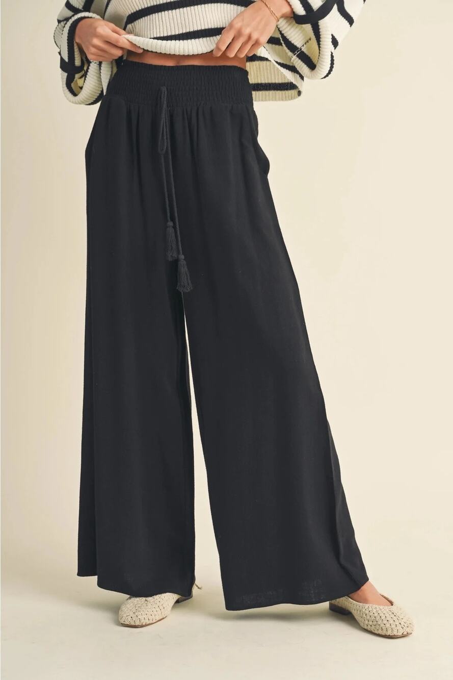 Miou Muse Cotton Linen High Rise Smocked Waist Wide Leg Pants Tassel Black Small